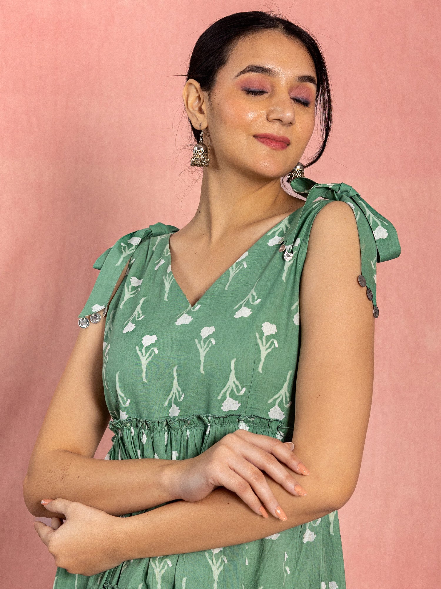 Green Cotton Floral Printed Tiered Dress